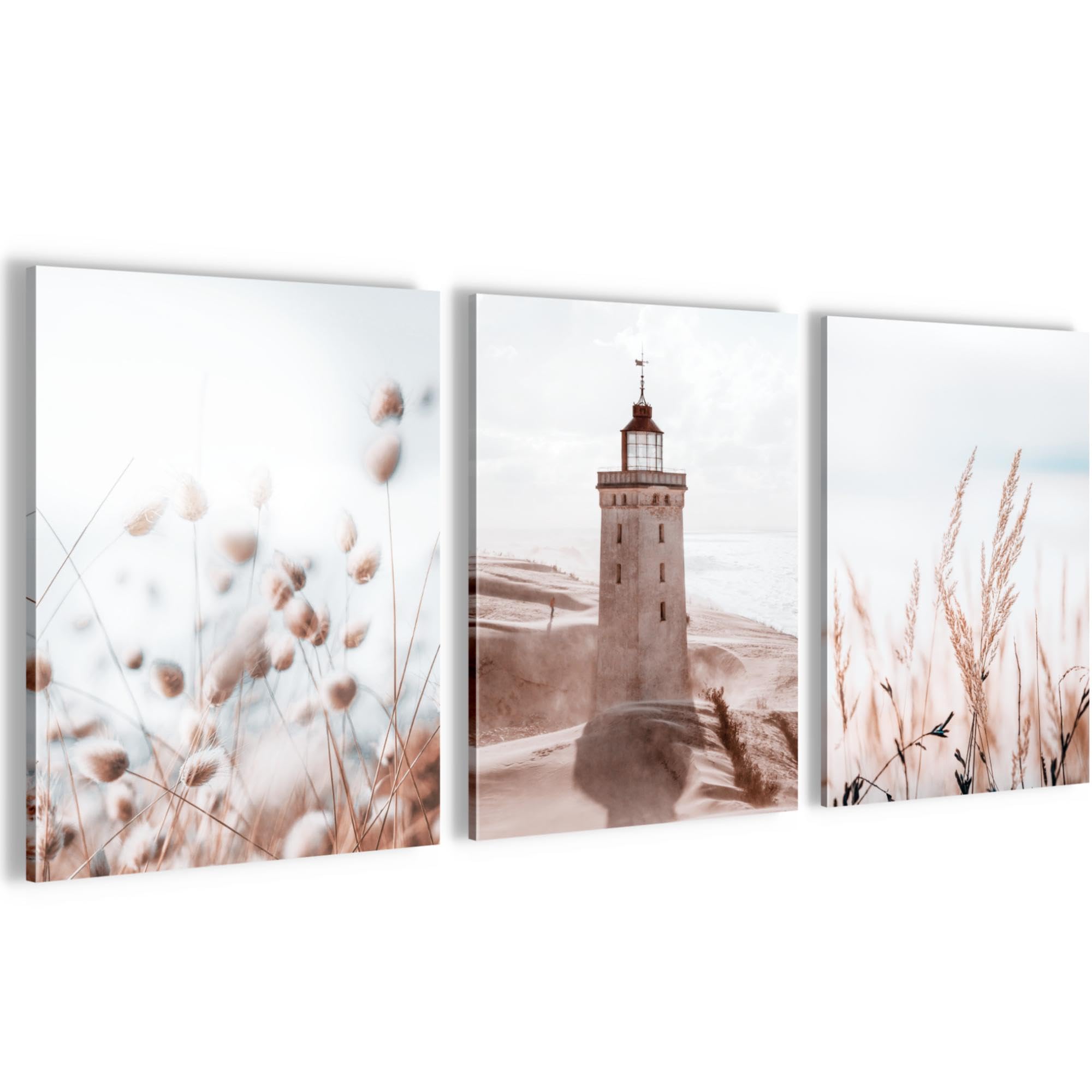 Novart Set de Decoración de Pared con Cuadros con Torre Iluminada Boho en la Orilla del Mar Cuadro - LISTO PARA COLGAR - No Necesita Marco - Dormitorio Salón Cocina - N034935a
