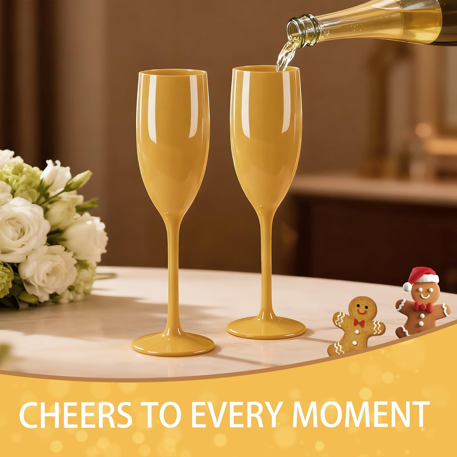 Plastic Champagne Flutes, Acrylic Glasses Goblets Cups Toasting Shatterproof Reusable Flute, for Valentine’s Day Wedding Party Mimosa Bar Anniversary Birthday (12, Gingerbread Gold) - Image 3