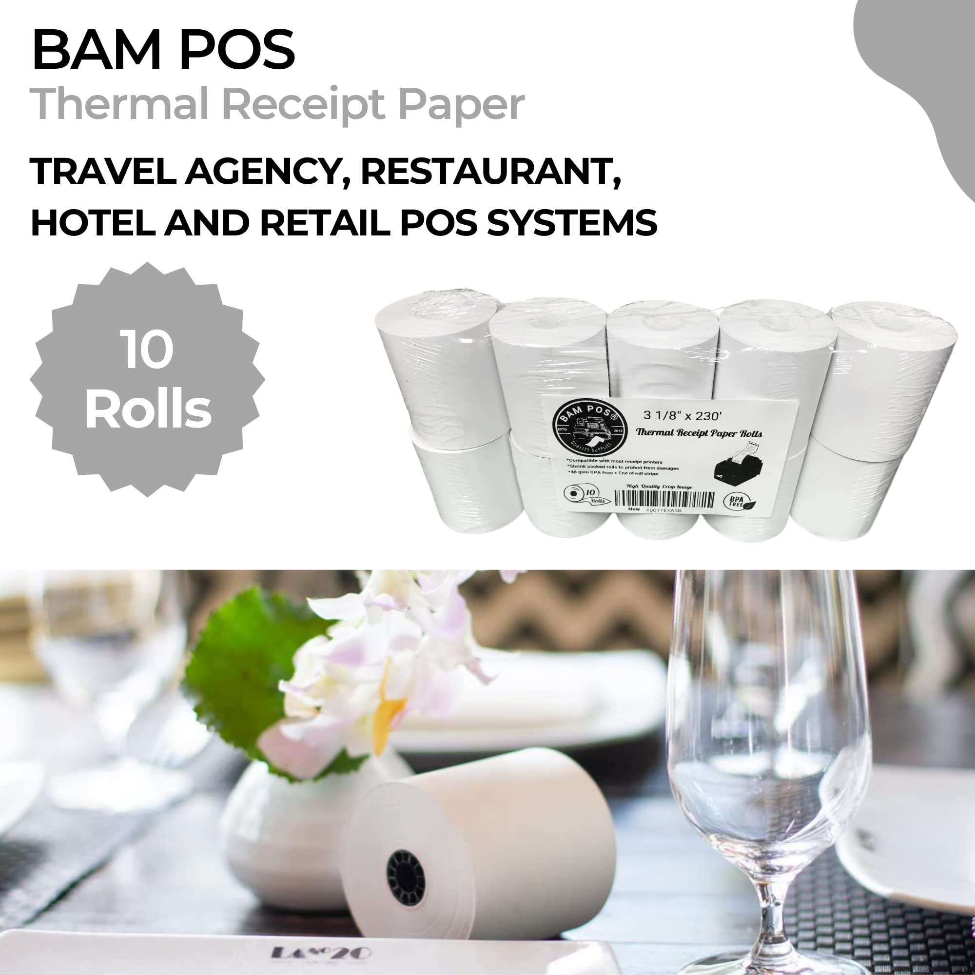 BAM POS - Rollos de papel térmico (50 unidades, 8,9 x 230 m), color blanco