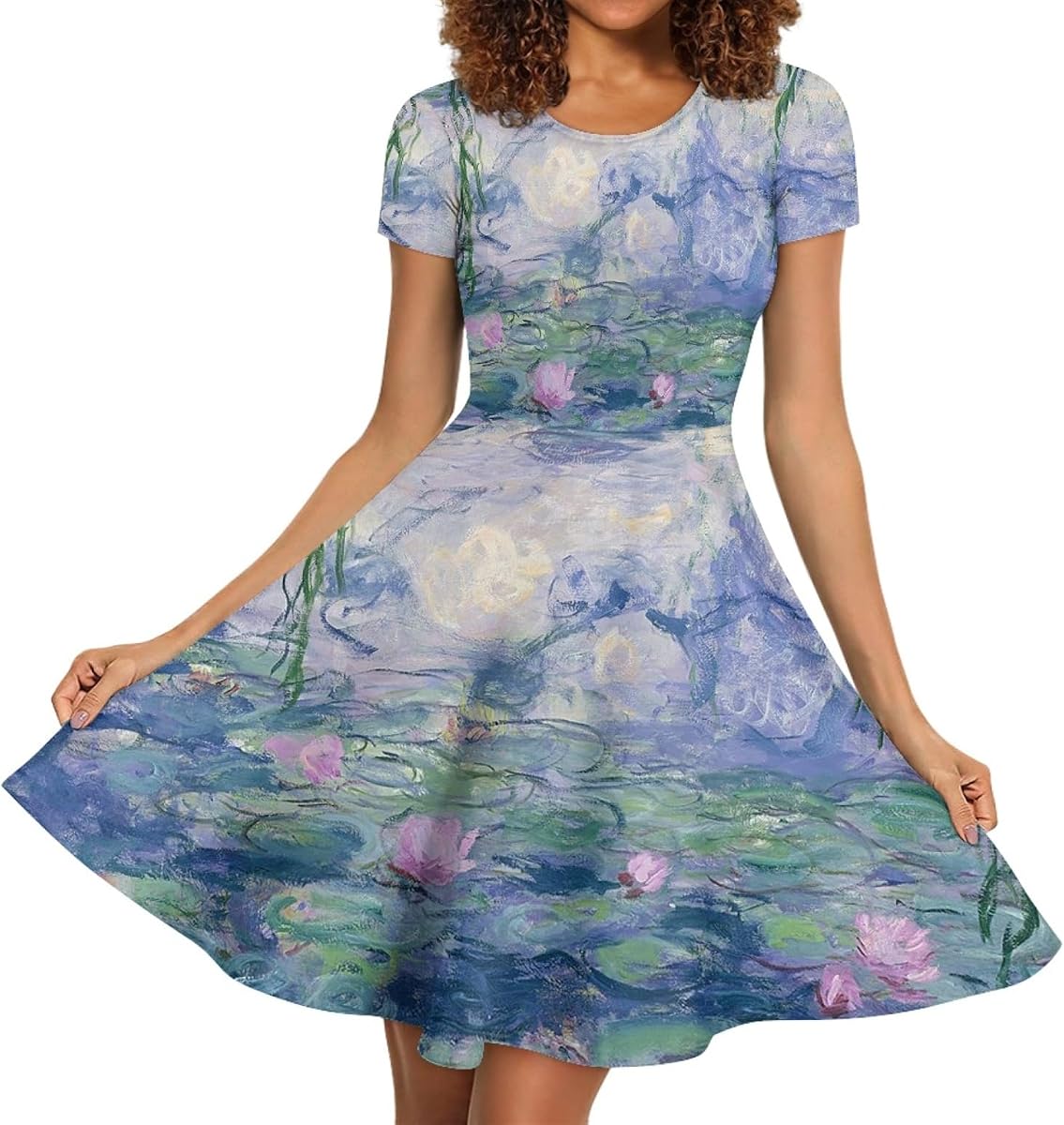 Women's 3D Print Short Sleeve Unique Casual Flared Midi Dress