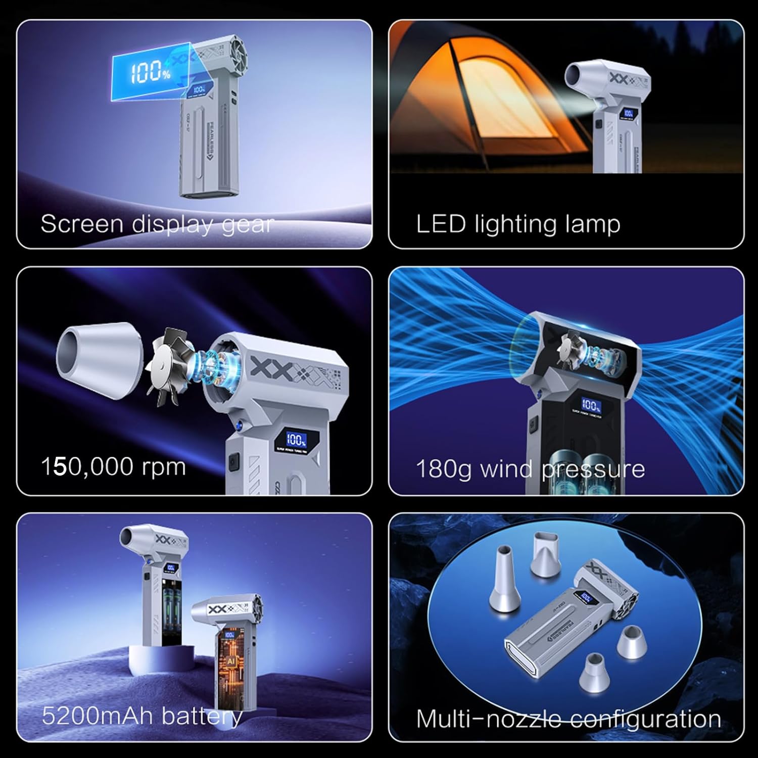 Compressed Air Duster Cordless, 4 Gear Adjustable Brushless Motor 150000RPM Electric Air Duster, Rechargeable with LED Display & Light, Mini Dust Blower for Computer, PC, Keyboard, Outdoor, House, Car