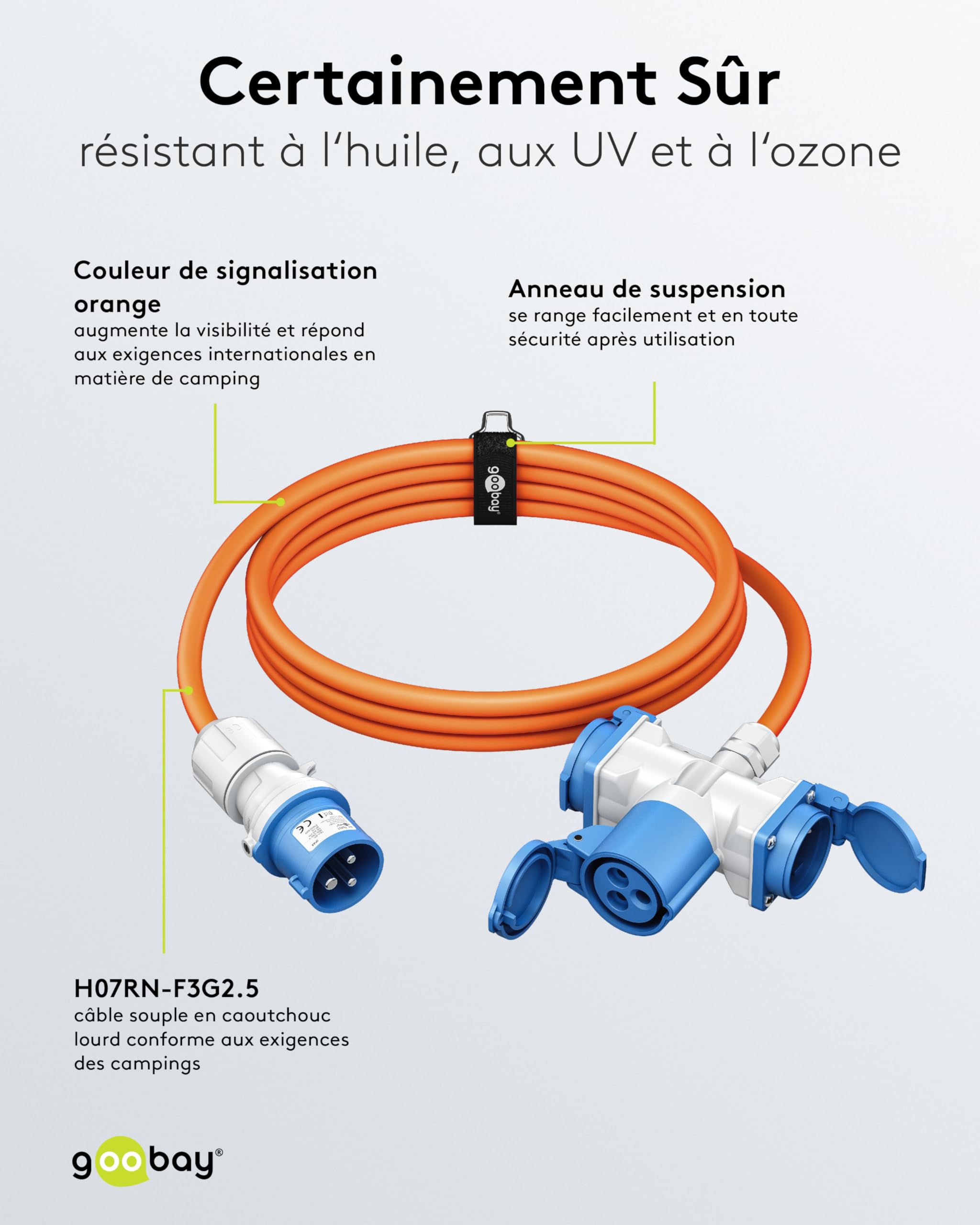 goobay Câble Adaptateur CEE pour Caravane, 10 m, Prise CEE vers 1 Prise CEE et 2 Prises avec Contact de Protection, IP 44, câble de Camping, Camping-Car et travaux 76266