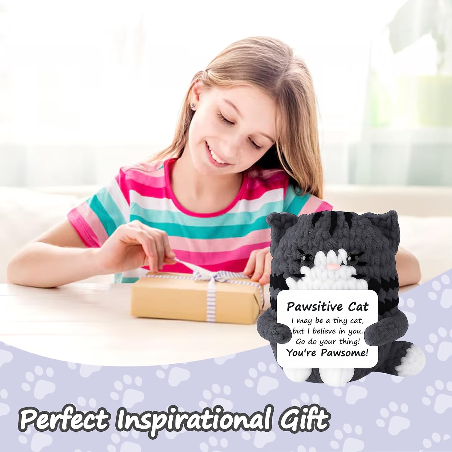 Positive Dark Grey Crochet Cat Mini Handmade Emotional Support Animal Gift, Funny Stress Relief Gift for Cat Lovers, Women, Friends, Birthday, Graduation, Mother's Day Present, Home Office Desk Decor