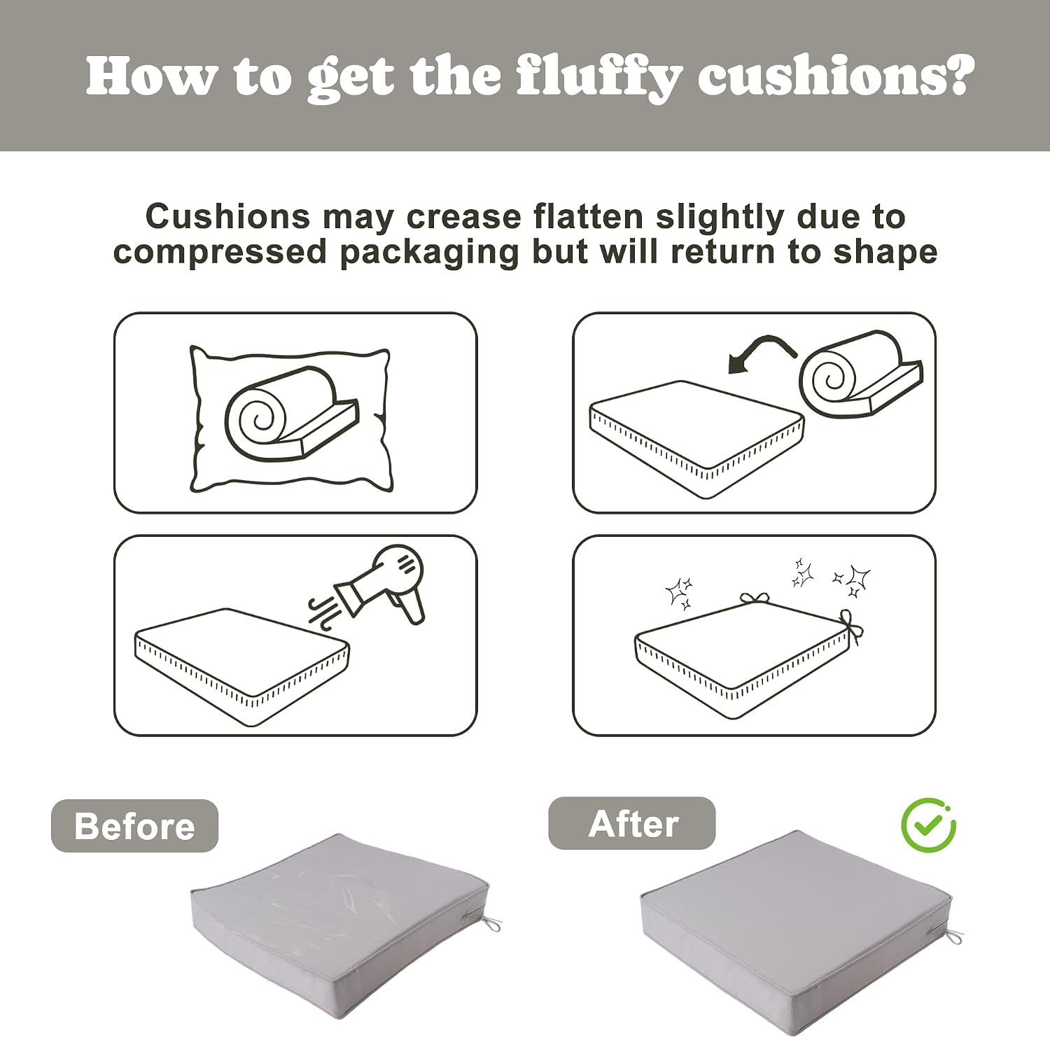 Battilo Outdoor Seat Cushion Set of 2, Waterproof Fade Resistant Chair Cushions for Patio Furniture, Patio Chair Cushion with Removable Cover for Garden Sofa Couch, 19" x 19" x 3", Grey