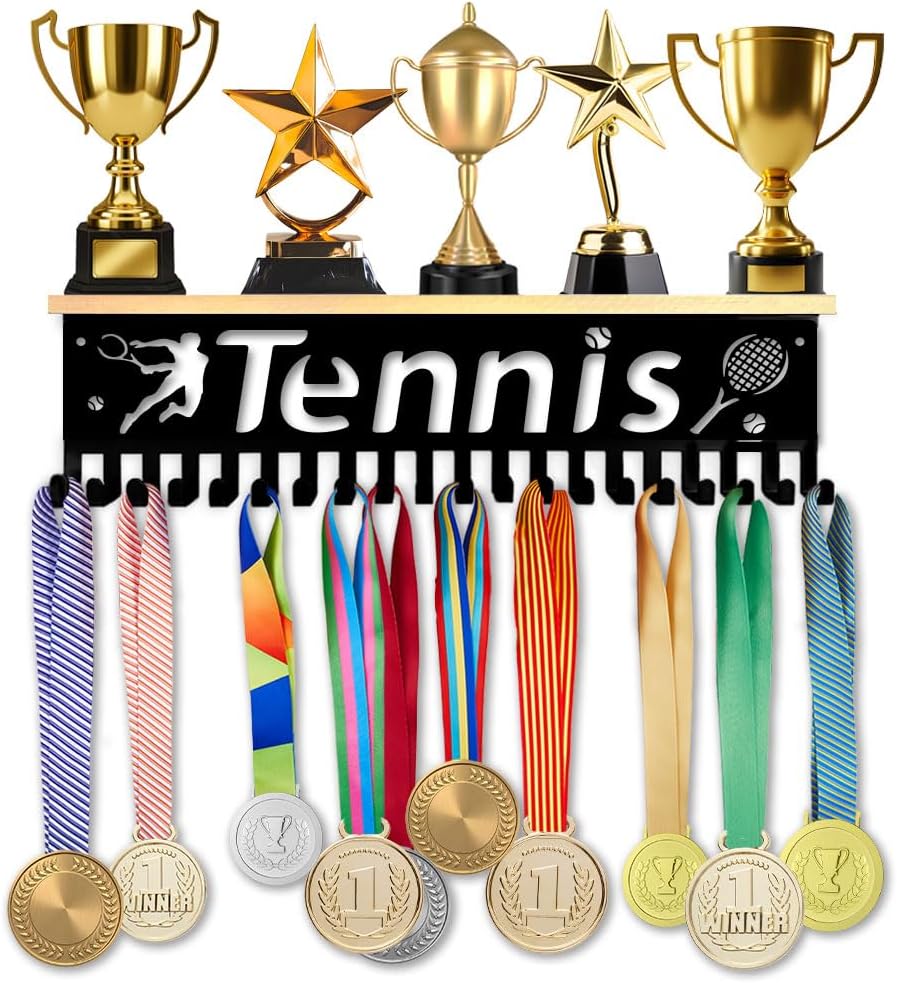 SUPERDANT Wooden Medal Display Wall Mounted Medals Hanger Iron Trophy Shelf with Hooks