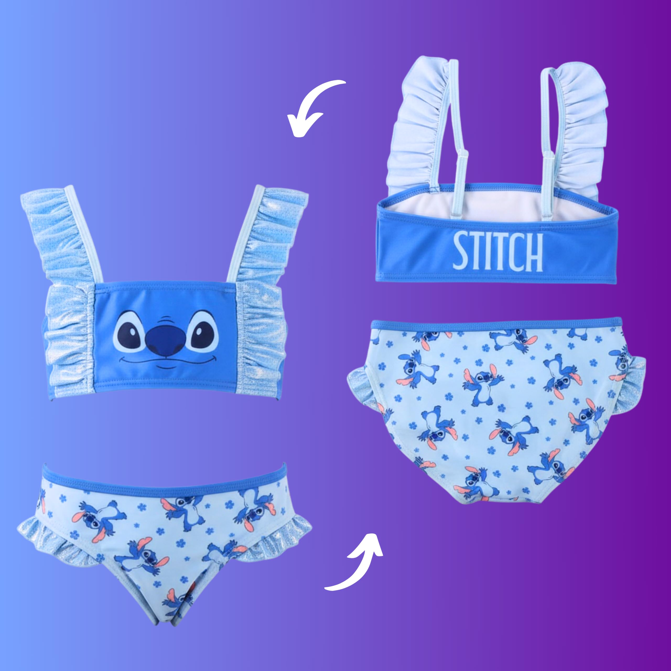 Disney Stitch Bikini para Niña, Diseño Purpurina Bañador de Dos Piezas Verano Infantil, Tallas 5 a 12 Años