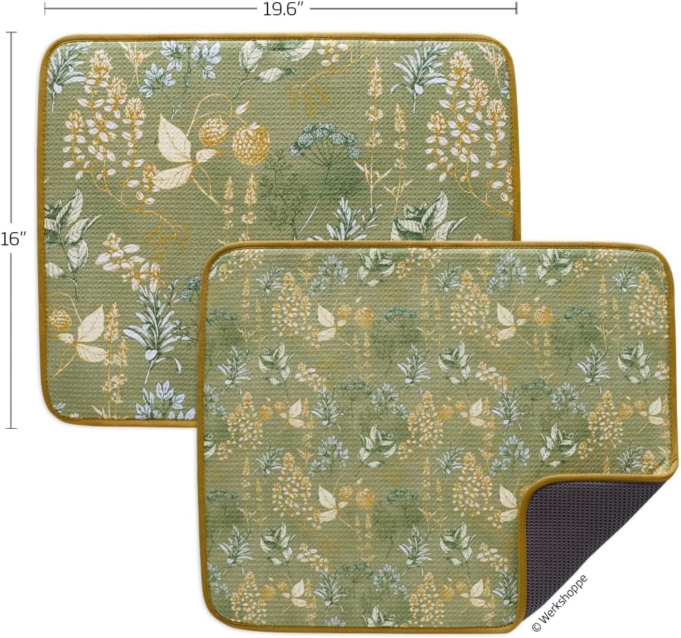 Kitchen Herbs Absorbent Dish Drying Mat – 2 Pack 16" x 20" Countertop Dish Mats, Fast Dry, Odor Resistant, Non-Scratch Waffle Weave, Washable