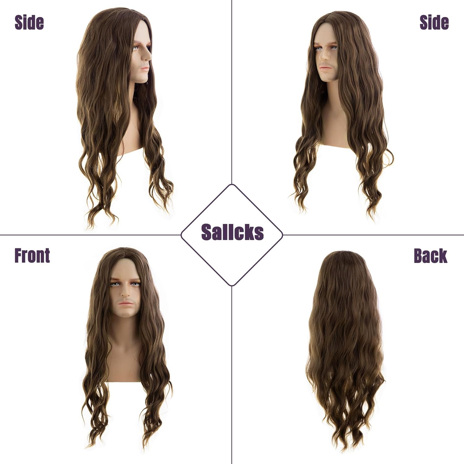 Sallcks Long Curly Wavy Brown Wigs for Men, 28 inches Synthetic Costume Cosplay Halloween Hair Wig