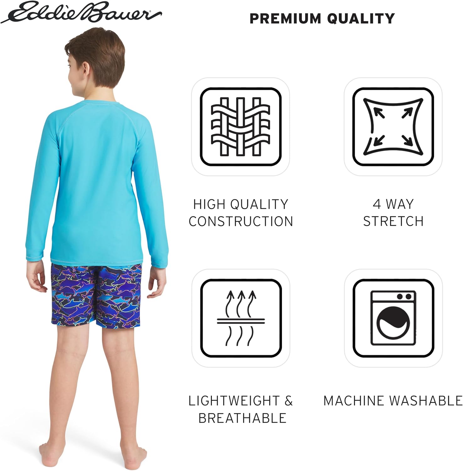 Eddie Bauer Boys' Swim UPF 50+ Long Sleeve Sun Tee Rash Guard Shirt