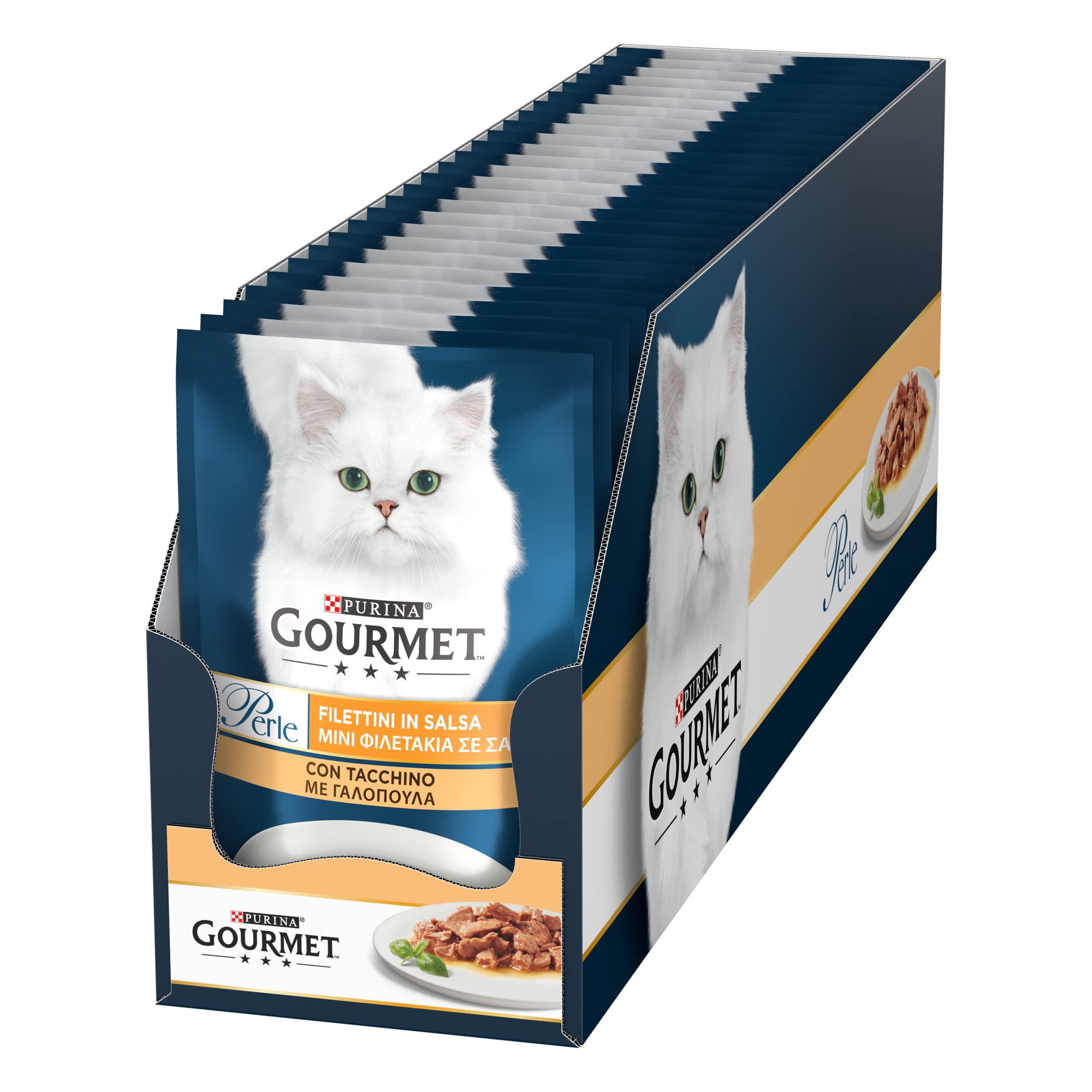 Purina Gourmet Perle Filettini in Salsa Cibo Umido per Gatti con Tacchino, 26 Buste da 85g