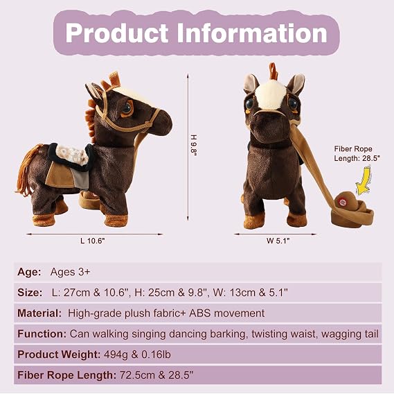 Marsjoy Black Walking Pony Toy Musical Singing Dancing Plush Interactive Walk Along Toy Horse with Leash Pony Robot Stuffed Animal for Boy Girl Ages 3+ H: 11.81 Age 3+