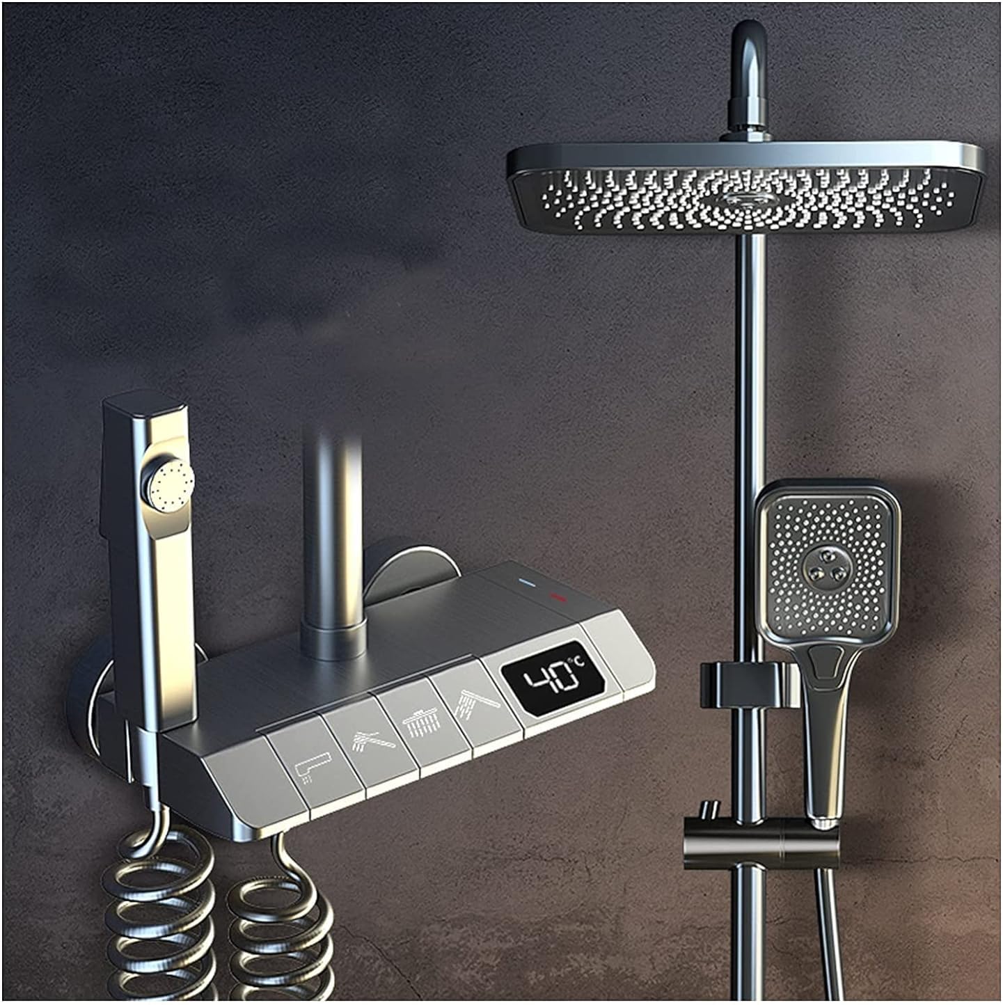 OZBMA Thermostatic Shower Set, Led Temperature Display, 4-Functional Exposed Fixtures, with High Pressure Heads, Handheld Head, Tub Spout and Bidet Sprayer, Faucet,Gray-A
