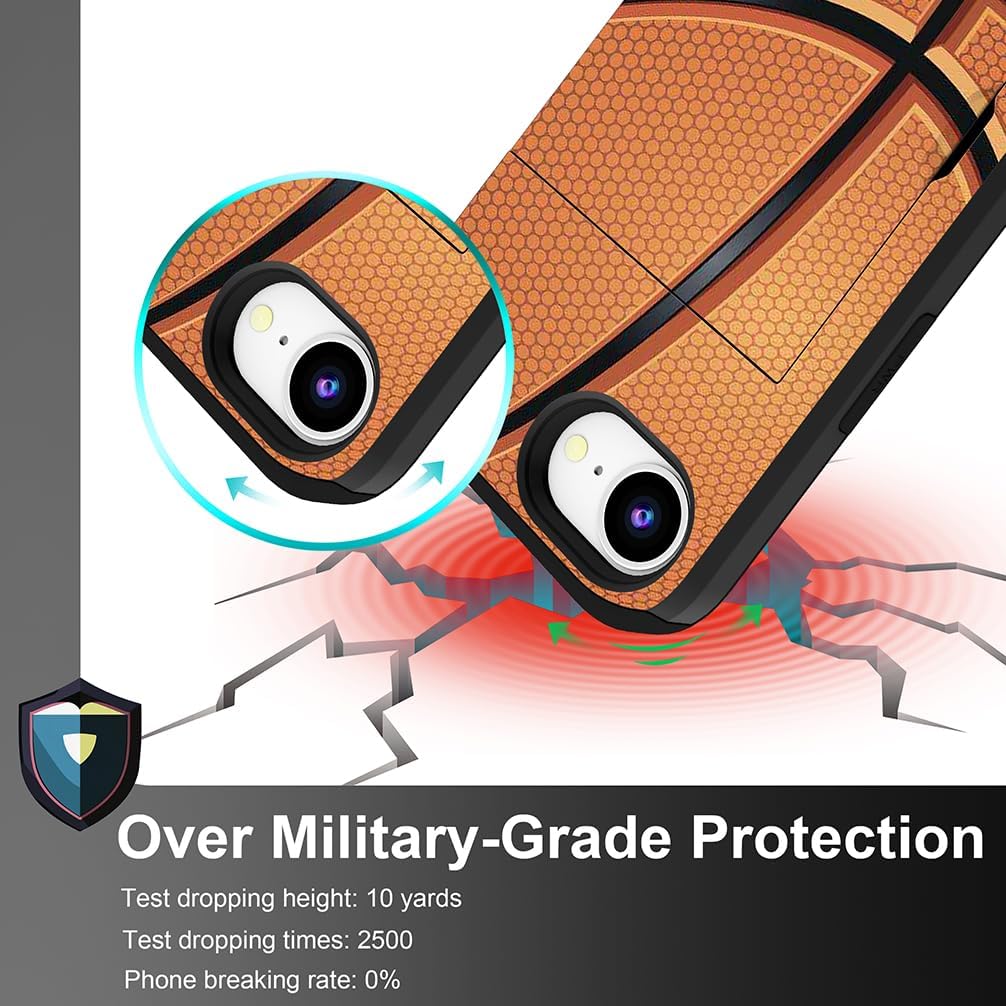 Compatible for iPhone 16e Case with Card Holder Cute - Kawaii Design Military-Grade Drop Protection Rugged Wallet Cases for Women (Black Basketball Sports)