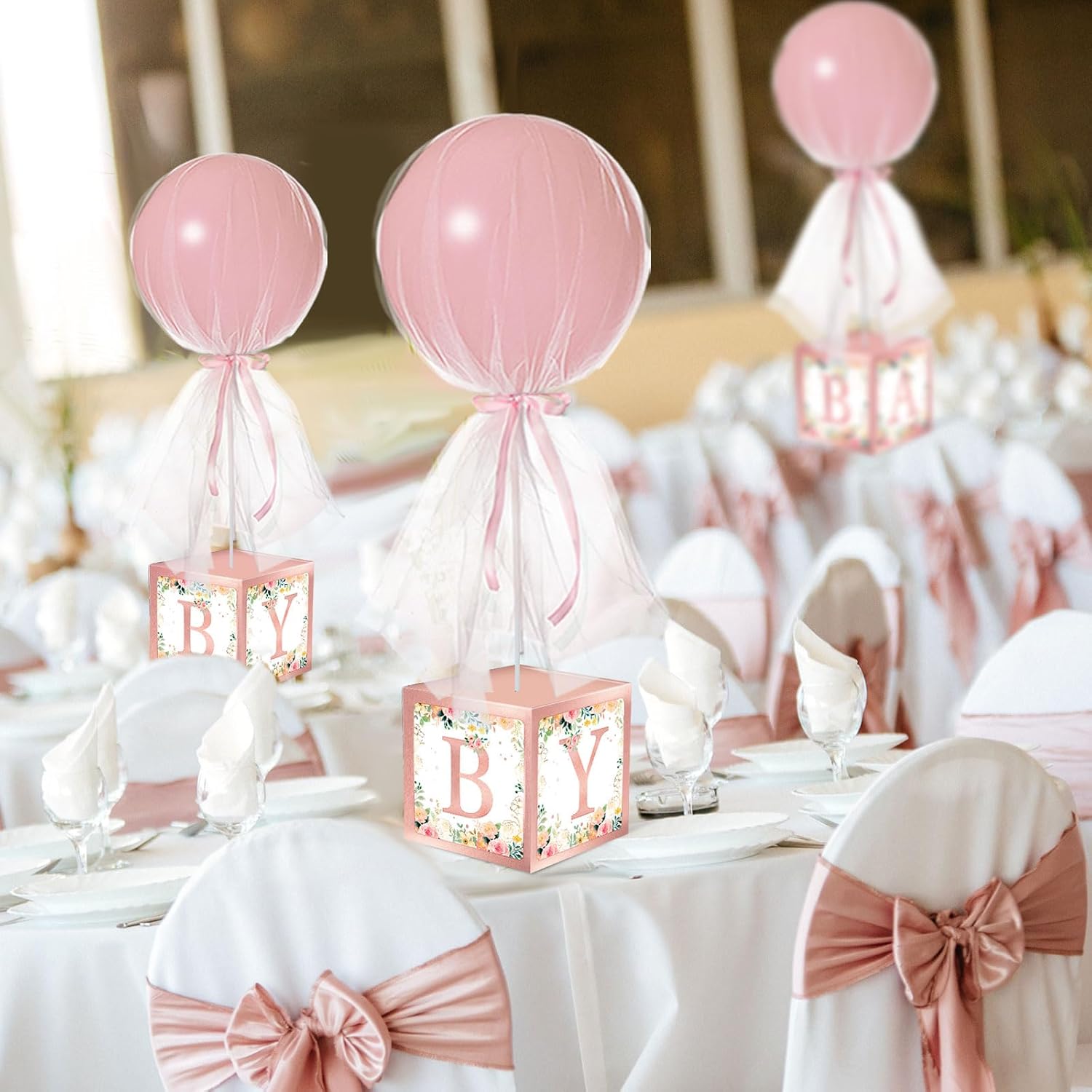 Wettarn 4 Set Pink Girl Baby Shower Table Centerpiece Decor 24'' Tulle Tutu Balloon with Letter Boxes Gender Reveal Centerpiece Balloon with White Tulle Cover, Stand, Boxes for Girl Birthday Party