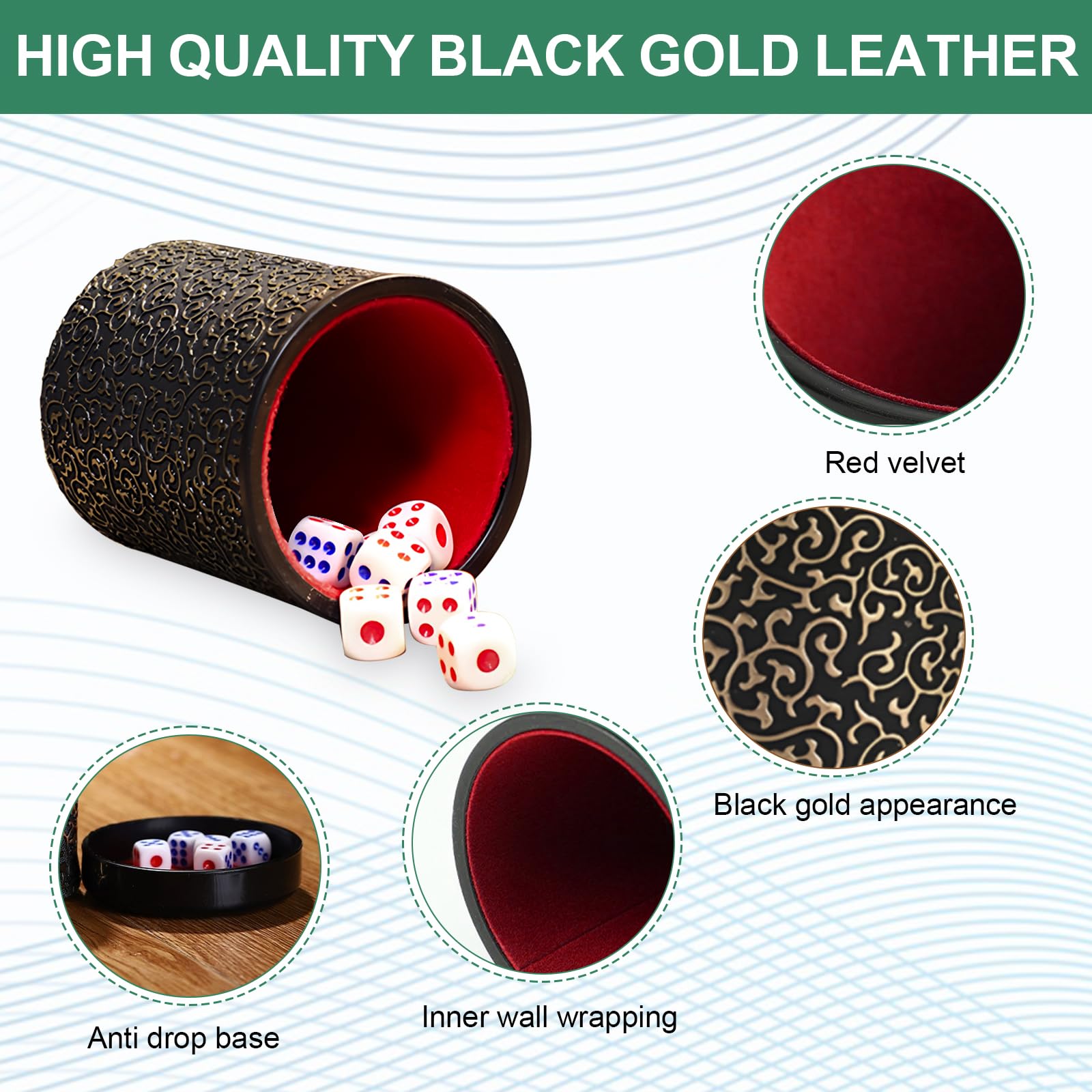 Jortmrd Leather Dice Cup with Lid, Quiet Dice Shaker for Kniffel/Yahtzee, Includes 6 Dice, Premium Leather Dice Tower - Image 3