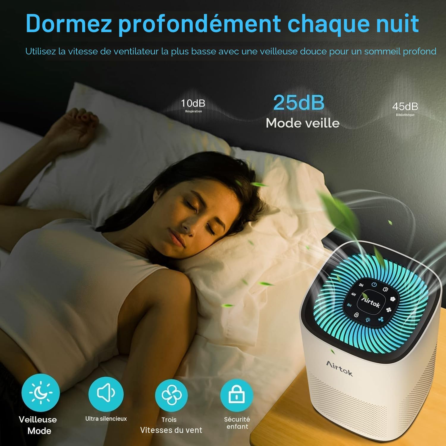 AIRTOK Purificateur d'air, Air Purifier avec Filtre H13, Jusqu'à 990 Ft², HEPA Purificateur éliminant 99,97% de la poussière, de la Fumée, les Poils d'Animaux, Pollen, veilleuse, Timer, AP1001