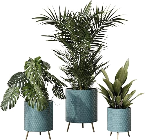 EverNest Mid-Century Modern Rhys - Maceta en relieve de panal con soporte Nyra Gold, macetas de metal para interiores, estilo bohemio azul y verde