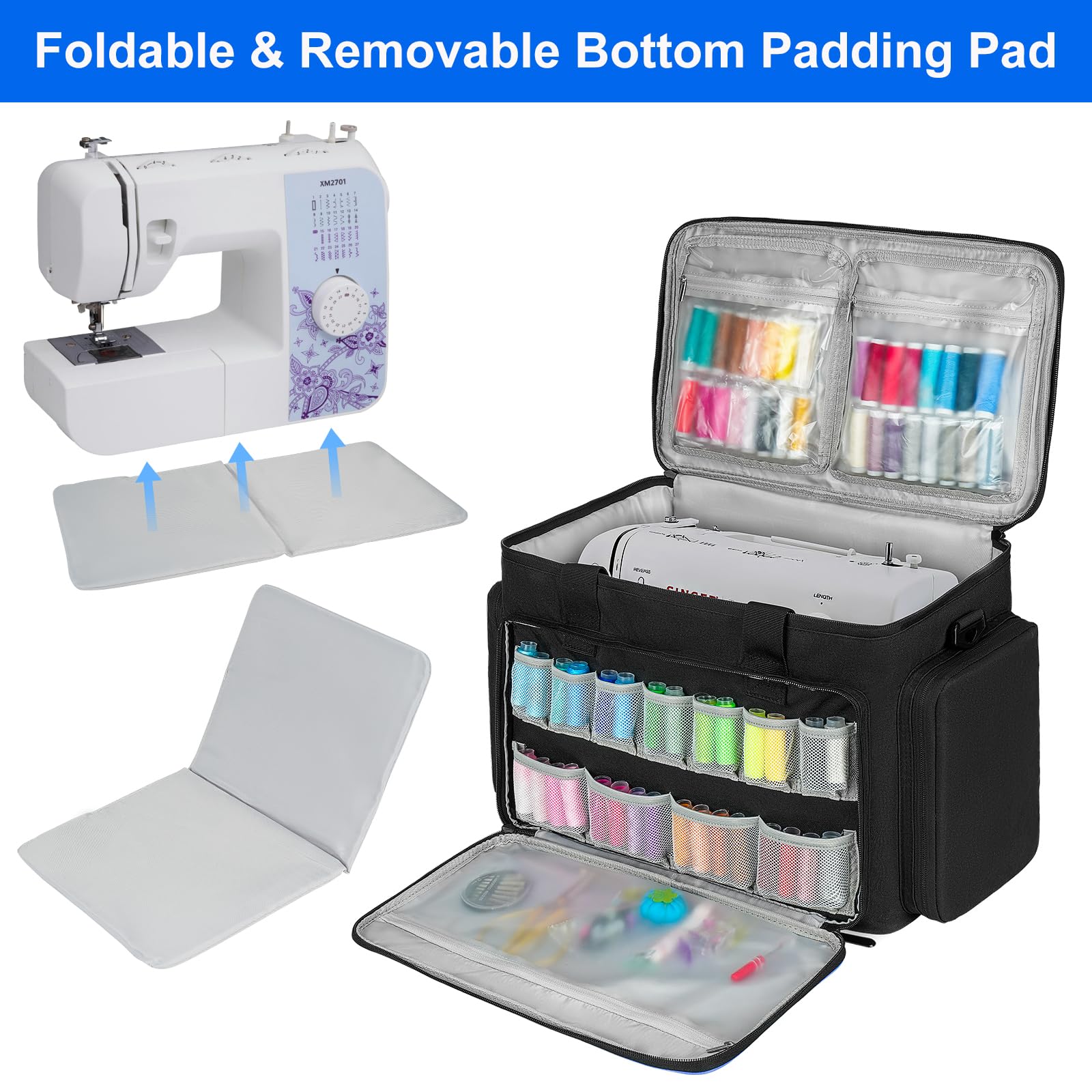 LEFOR·Z Bolsa de máquina de coser, bolsa de transporte para máquina de coser con bolsillos para máquinas de coser y accesorios de costura, bolsa de costura adecuada para la mayoría de tamaños estándar