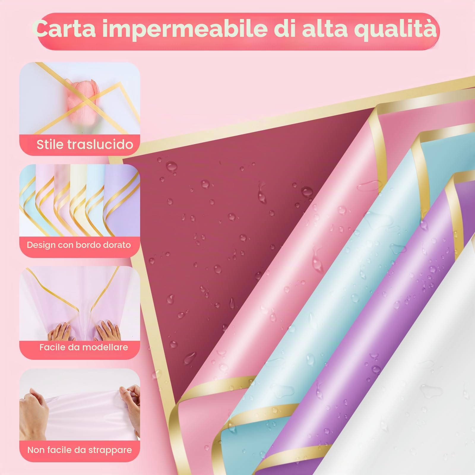 Kit carta da regalo per fiori, include 100 fogli di carta da regalo per bouquet di fiori, 3 rotoli di nastro per bouquet di fiori, 20 pezzi di biglietti d'auguri, 200 pezzi di spille per fiori etc