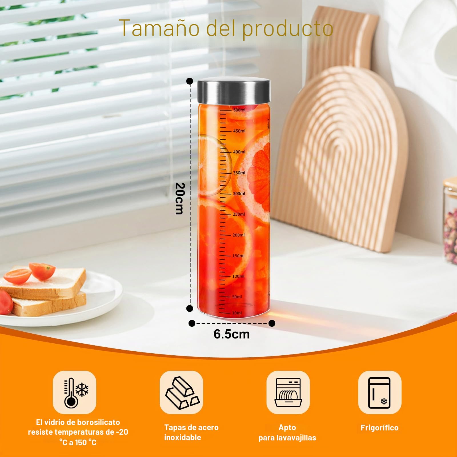 4 Piezas 500 ML Tarros de Cristal, Botellas de Boca Ancha con Tapa de Acero Inoxidable, Vasos Yogurtera con Tapa, Tarros de Vidrio Reutilizables, para Batidos, Zumos, Leche