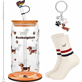 Dachshund Mug Gift Set 500 ml Dachshund Glasses with Lid and Straw Dog Motif Drinking Glasses with Wooden Lid and Straw for All Types of Drinks Coffee