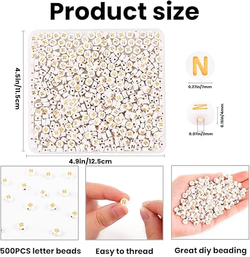 Miniatura 2 de DIYDEC 500 cuentas de letras redondas acrílicas doradas de 0.157 x 0.27 pulgadas, cuentas de letras blancas para pulseras, fabricación de joyas,