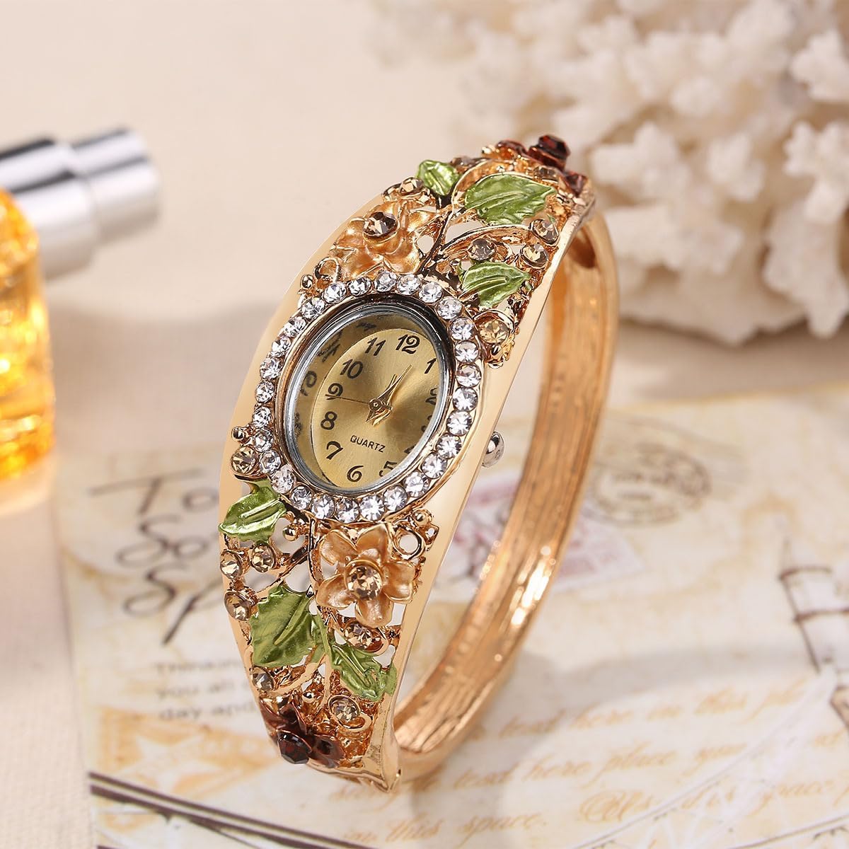 Women Ladies 5 Pcs Wholesale Watch Elegant Bangle Bracelet Crystal Round Dial with Flower Wrist Watch - Image 3
