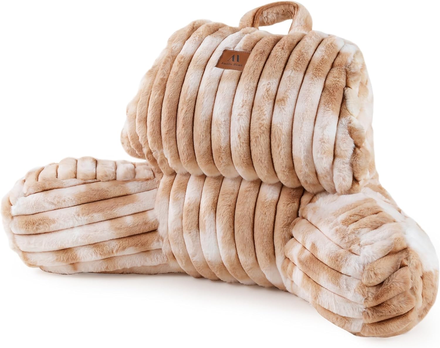 Amélie Home Faux Fur Reading Pillow with Pocket for Sitting in Bed, Kids Backrest Bed Pillow with Washable Cover for Lounging, Watching TV/Gaming/Resting/Post/Surgery/Nursing, Tie-dye Khaki 17 inches