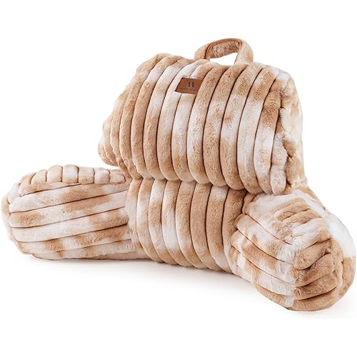 Amélie Home Faux Fur Reading Pillow with Pocket for Sitting in Bed, Kids Backrest Bed Pillow with Washable Cover for Lounging, Watching TV/Gaming/Resting/Post/Surgery/Nursing, Tie-dye Khaki 17 inches