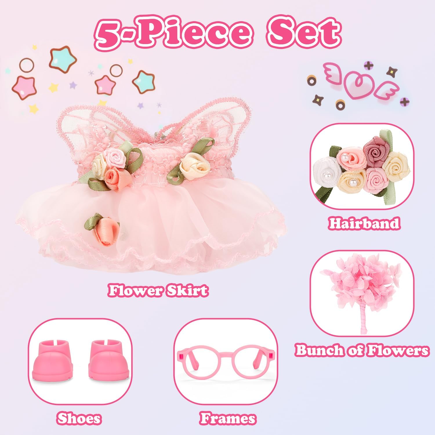 Doll Clothes for Labubu 17cm Have a Seat & Exciting Macaron & Big into Energy Series Dolls, Adorable Chic Dress Set for 17cm Dolls Accessories (Pink Flower Skirt + Hairband)