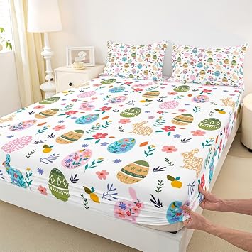 Happy Easter Fitted Sheet Queen Size Easter Egg Cute Rabbit Bedding Set for Kids Bedroom Floral Spring Flowers Bed Sheet Set 3pcs Colorful Deep Pocket Mattress Cover,No Top Flat