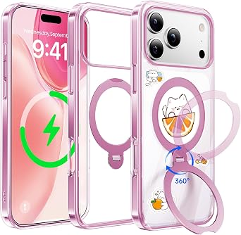 for iPhone 17 Pro Case 2025 Compatible with MagSafe Military Protection with 360 Spin Stand DIY Cute Stickers Anti-Yellow Clear Slim for 17 Pro Phone Case 6.3", Pink
