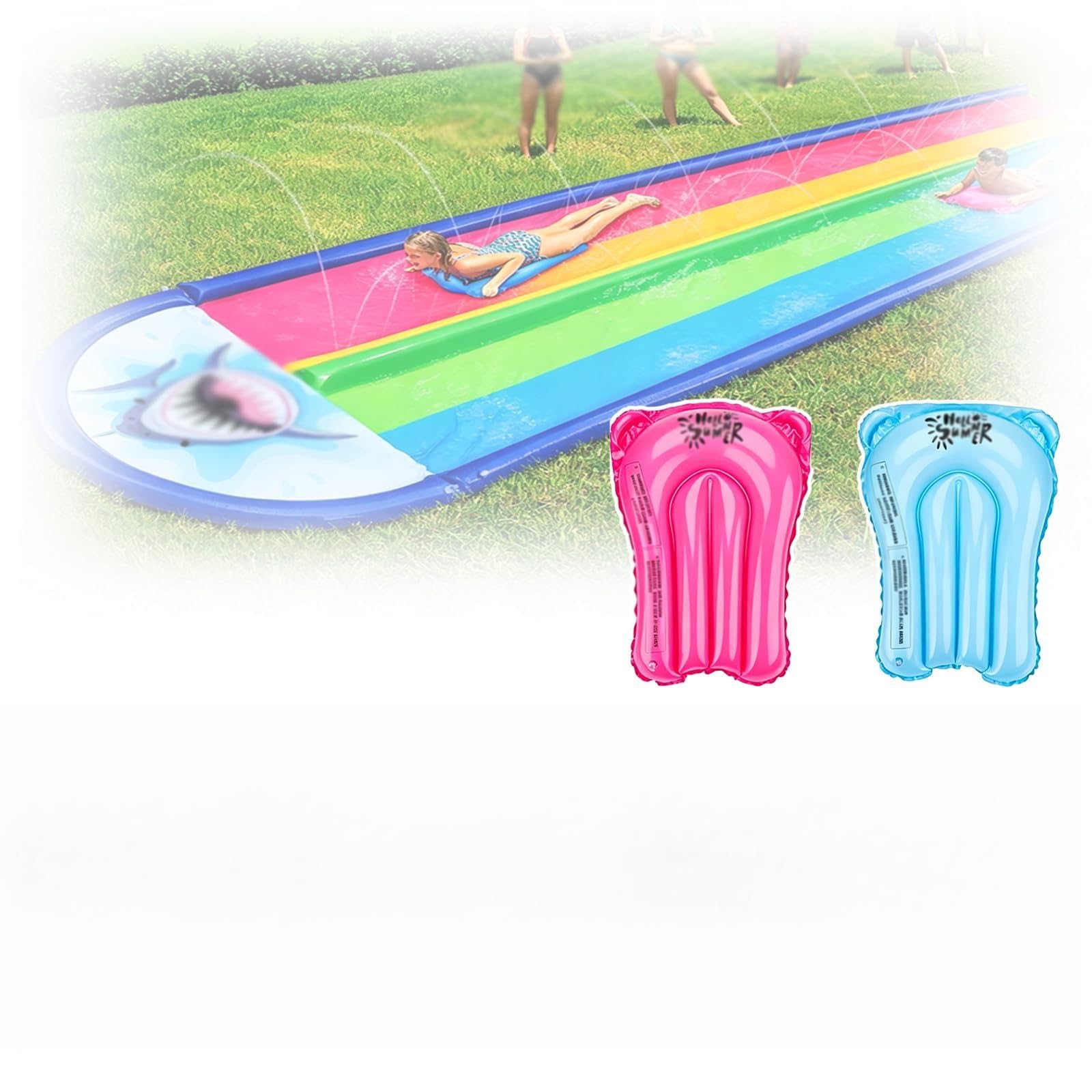 Scivoli D'Acqua Con 2 Tavole Gonfiabili,Scivolo Acquatico Extra Lungo Da Giardino,Con Irrigatore E Bodyboard,Gioco Estivo A Corsie Zona Splash,Ideale Per Prati Spazi Esterni,Bambini,Ragazzi Adulti(Two