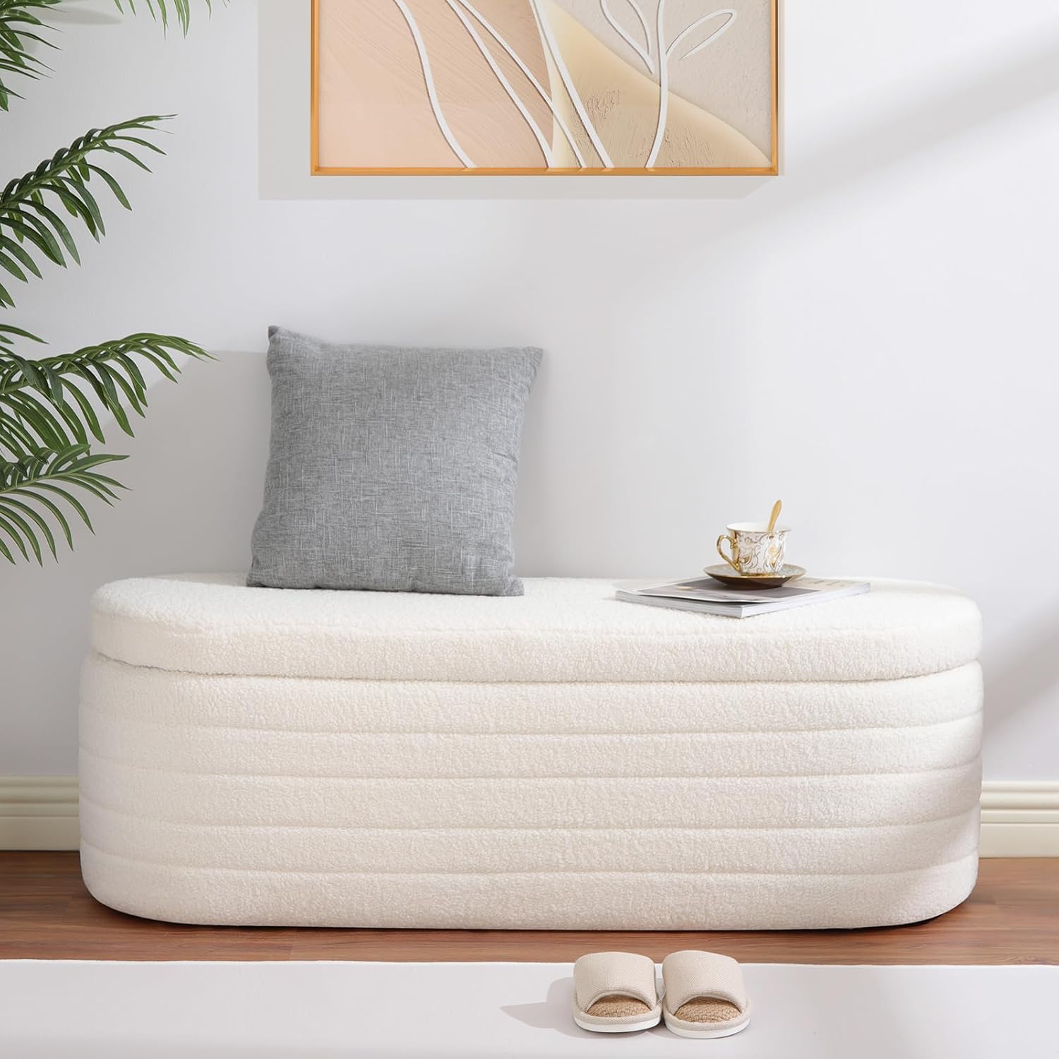 45.5-inch Modern Teddy Sherpa Storage Ottoman Bench, Upholstered Fabric Bench for Bedroom End of Bed, Oval White Boucle Storage Ottoman for Living Room, Entryway, Small Apartment