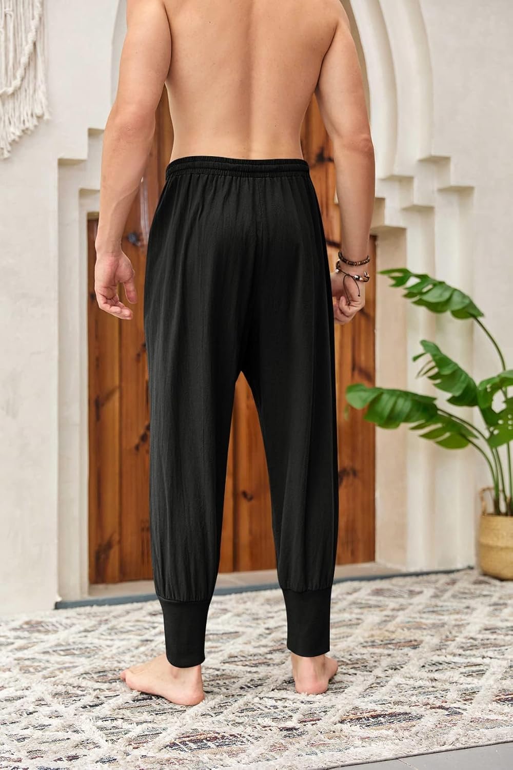 Mens Linen Harem Pants Lightweight Drawstring Elastic Waist Baggy Joggers Casual Cargo Sweatpants Pant - Image 4