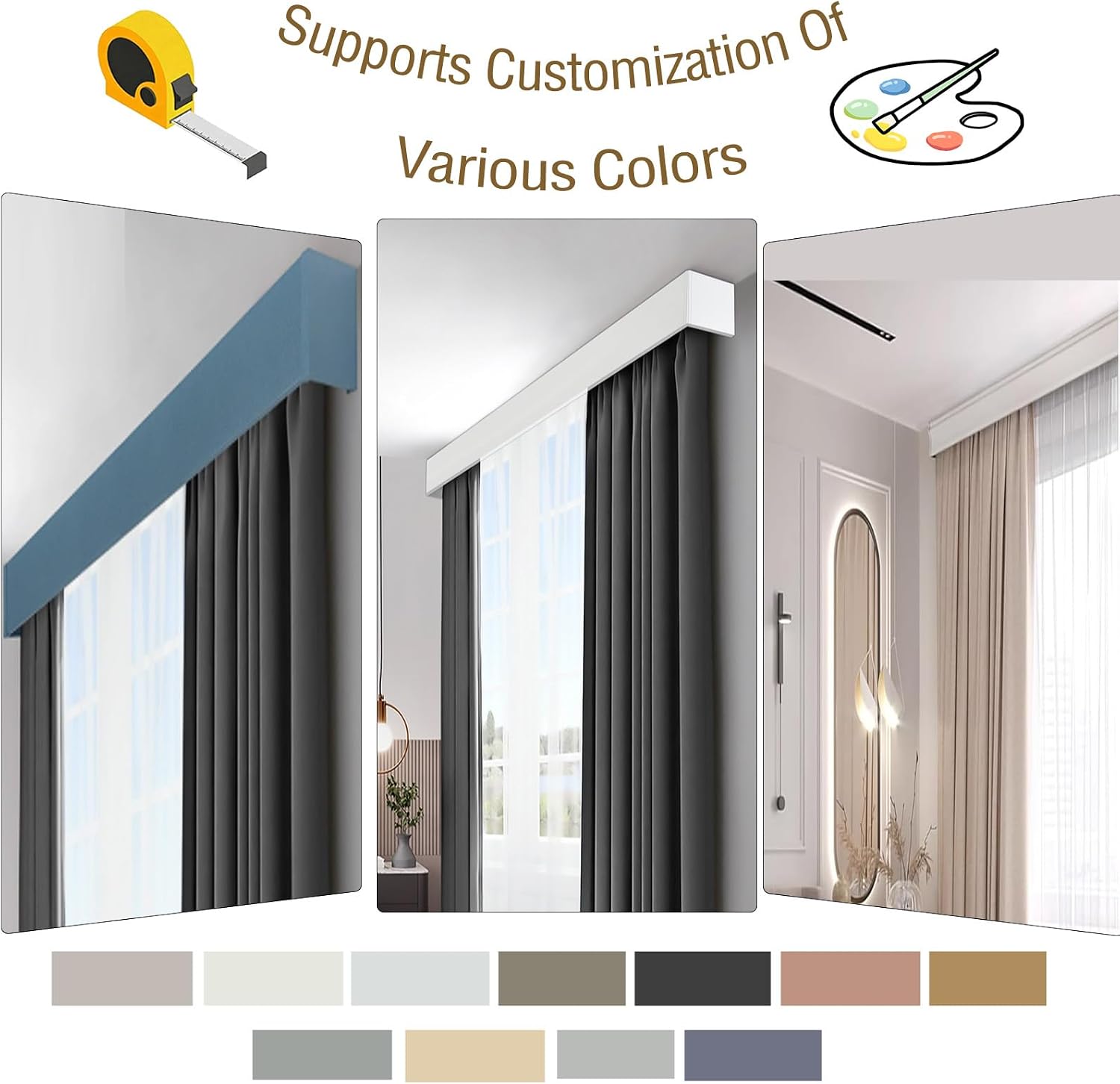 Curtain Pelmet Box Double Curtain Track Rod Ceiling/Wall Mount Three-in-One Room Divider for Living Room Bedroom Hotel Villa(Top-Loading,1.7m(5.6ft))