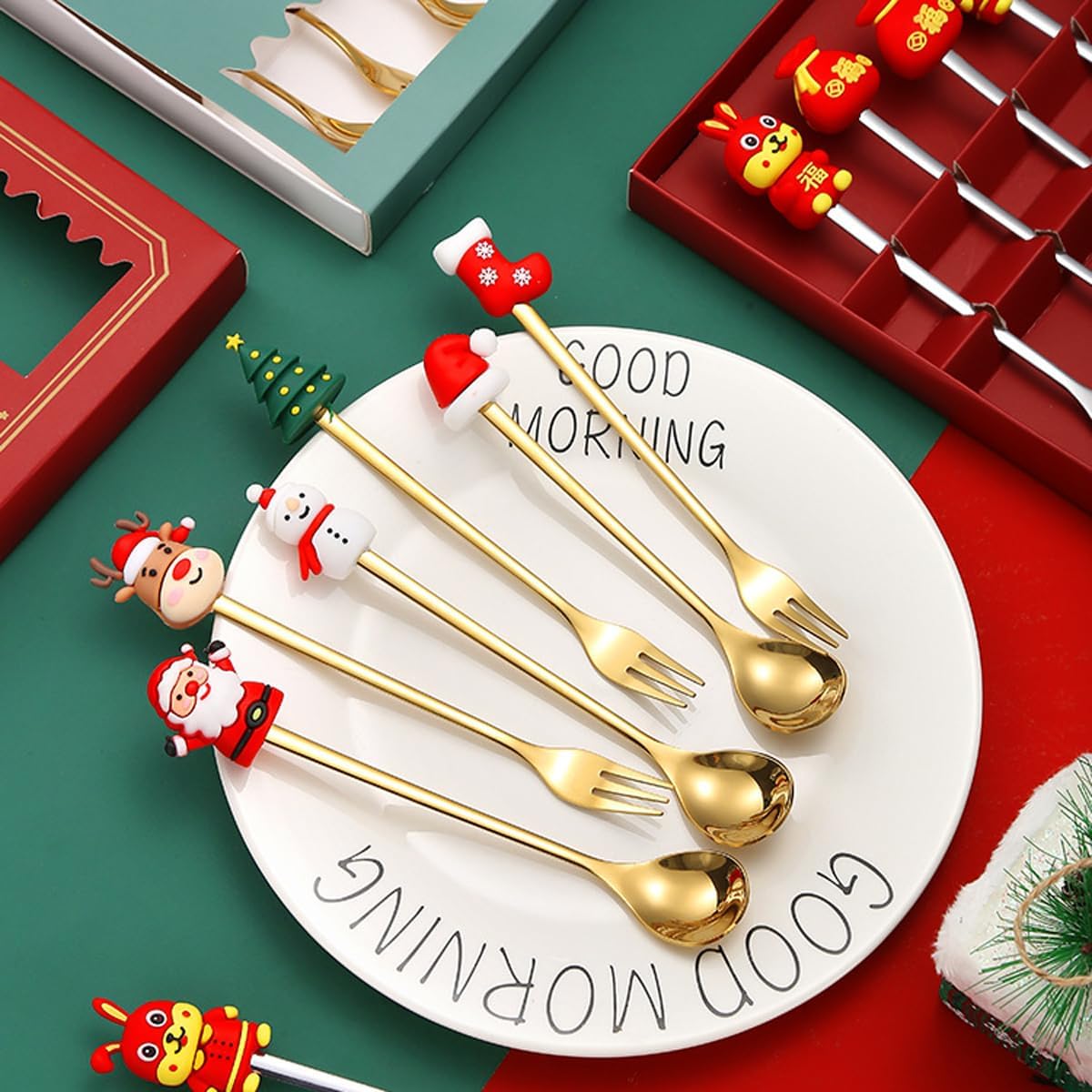 6 Pcs Christmas Man Premium Stainless Steel Forks and Spoons with Gift Box Set (Shining Golden - Pack of 6)
