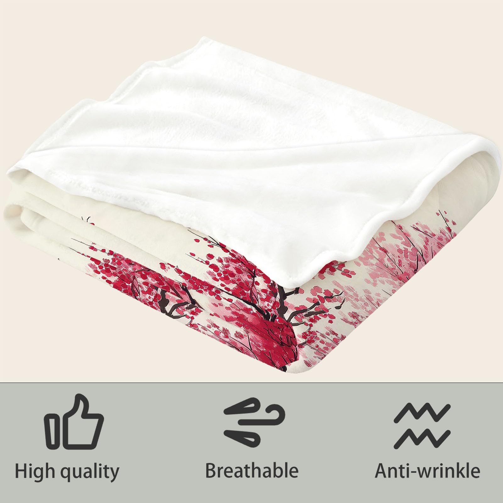 Peinture À L’Encre Chinoise Couverture Plaid Polaire Chaude 180 x 200 cm Montagnes Pagode Fleurs De Cerisier Couverture Imprimée pour Canapé Sofa Lit Voyager - Beige Plaid en Flanelle Doux Convient