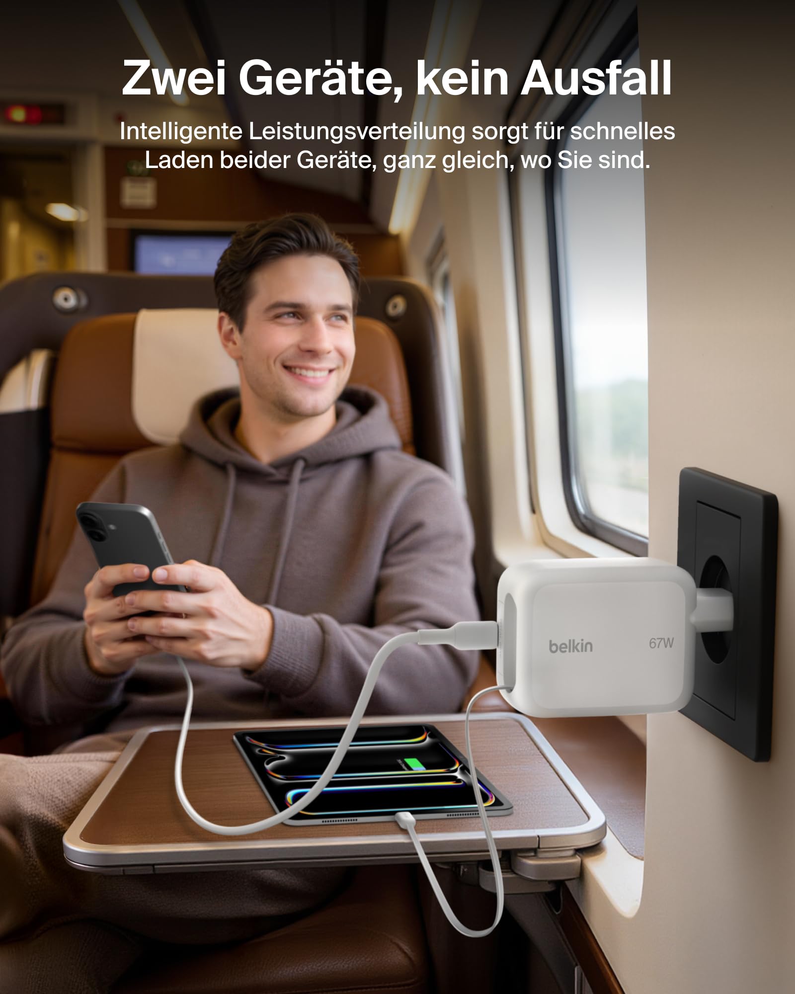 Belkin USB C Ladegerät 67W mit Einziehbarem 1 m USB-C-Kabel + USB-C-Anschluss, GaN iPhone Schnellladegerät, USB Adapter für die Serien iPhone 17, 16, Galaxy S26, AirPods, Tablets, MacBook, Chromebook