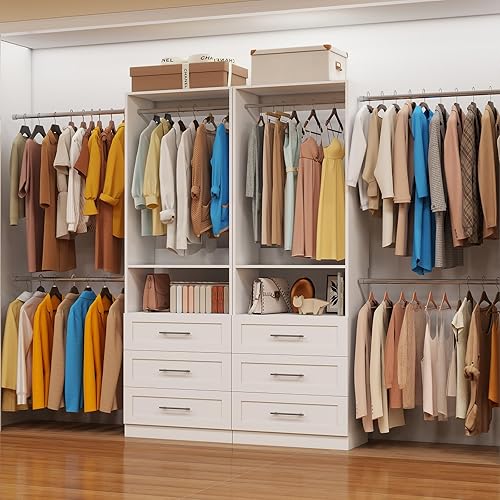 Vista 4 de Sistema de armario con 2 juegos, sistema organizador de armario de 4 pies a 15 pies con 6 cajones de madera, sistema de almacenamiento de armario 4