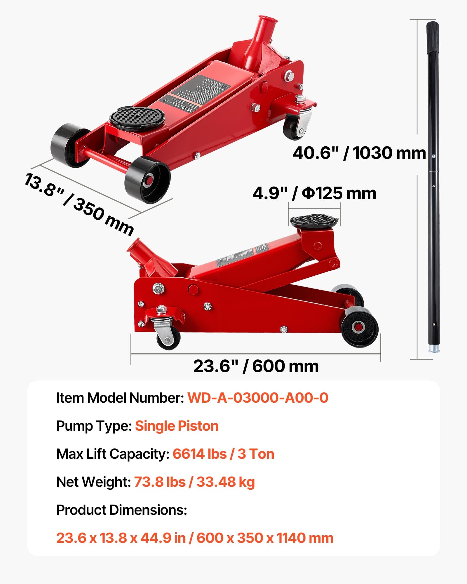 VEVOR Cric Idraulico a Carrello 3 Tonnellate a Basso Profilo, Cric Idraulico da Pavimento in Acciaio, a Pistone Singolo, Altezza di Sollevamento 130-500 mm, per Auto Sportivo, Berline, SUV e Pick-up