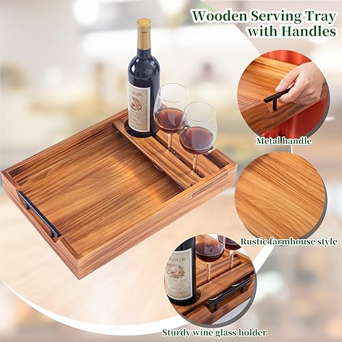Miniatura 5 de Bandeja de madera para servir con asas, rectangular de 17 x 12 pulgadas, bandejas de madera rústica con soporte extraíble para copas de vino,