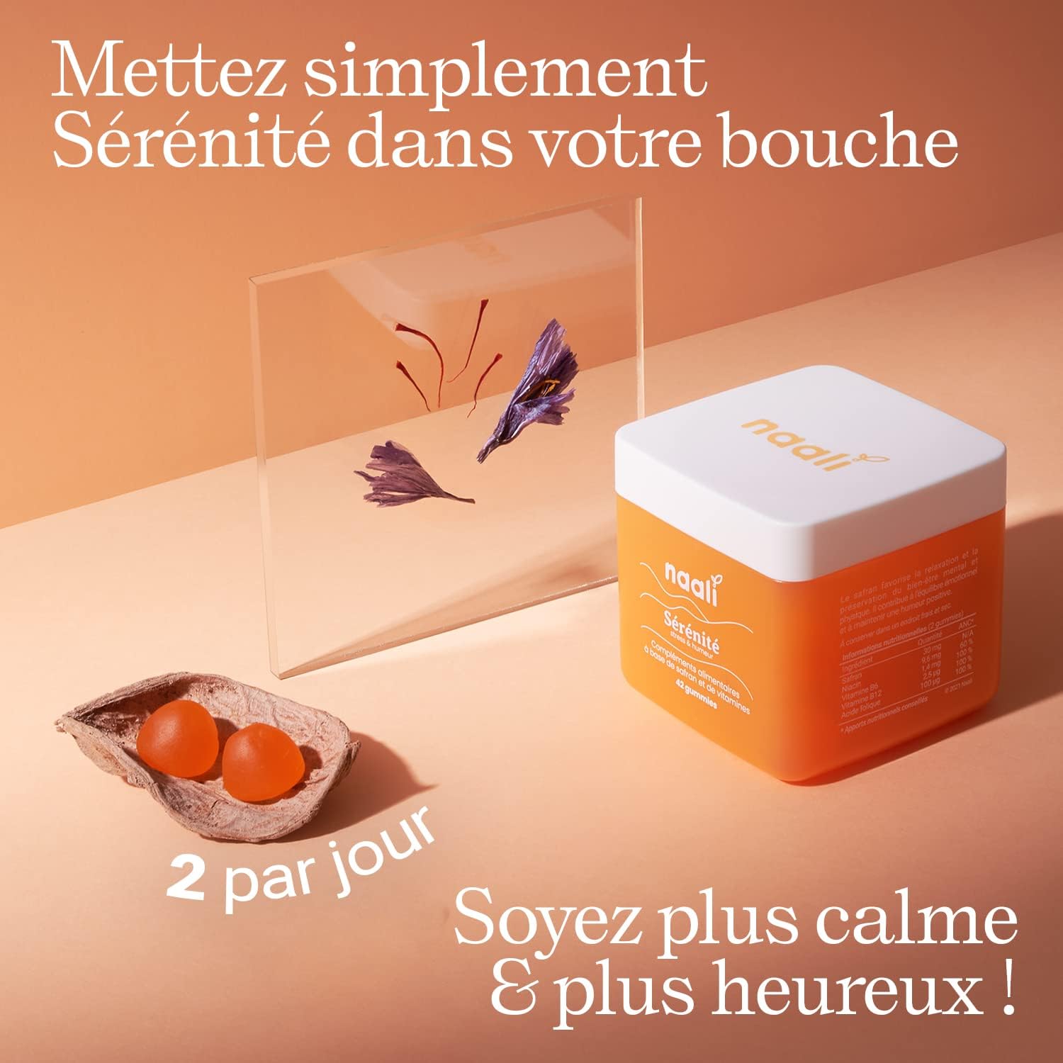Naali Gummies au Safran - Vitamines B6, B3, B9, B12 - Sans Sucre et Naturelle - Goût Mangue - Description