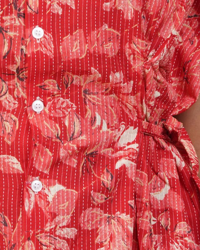 Image of Women's Cotton Full Front Open Dress | Mandarin Collar Button-Down | Darted Waist with Multi Tie-Up | Calf Length | Maternity, Feeding, Elderly & Hospital Wear | Sizes L-3XL