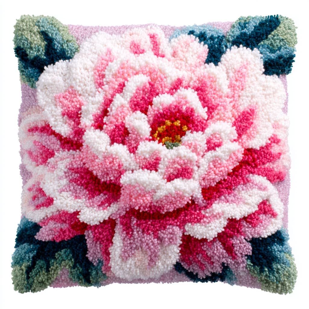 Taxpy DIY Latch Hook Kits, Peony Flowers Cushions Pillow Case Embroidery Carpet Set Needlework Crocheting Cushion Embroidery Set 43x43cm