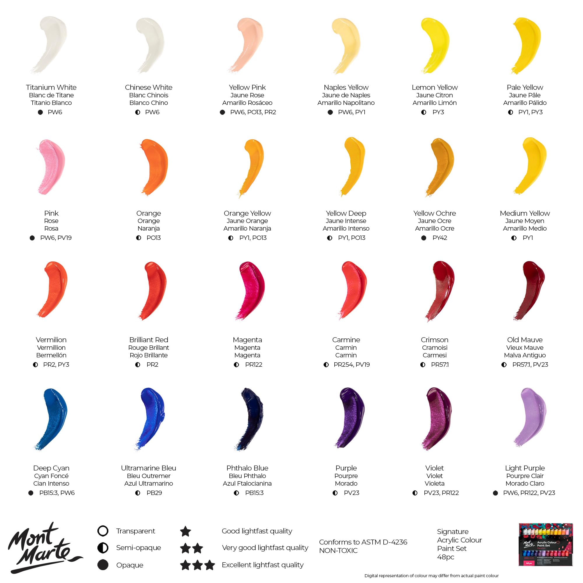 MONT MARTE Pintura Acrílica Premium - 48 piezas (Tubos 36ml) - Ideal para Pintura Acrílica - Colores Brillantes y Luminosos con gran opacidad - Perfecto para Principiantes y Profesionales
