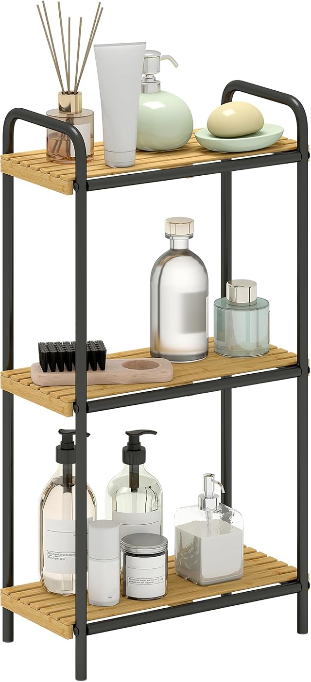 HOMCOM Estantería de Baño Bambú 3 Niveles 41,5x21,5x77,5 cm Natural y Negro