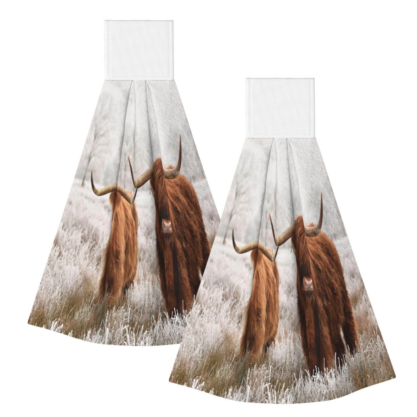 DOPKLNA Winter Snow Scottish Highland Cow, 2 Pcs Hanging Coral Fiber Hand Towels for Bathroom, Absorbent Kitchen Towels