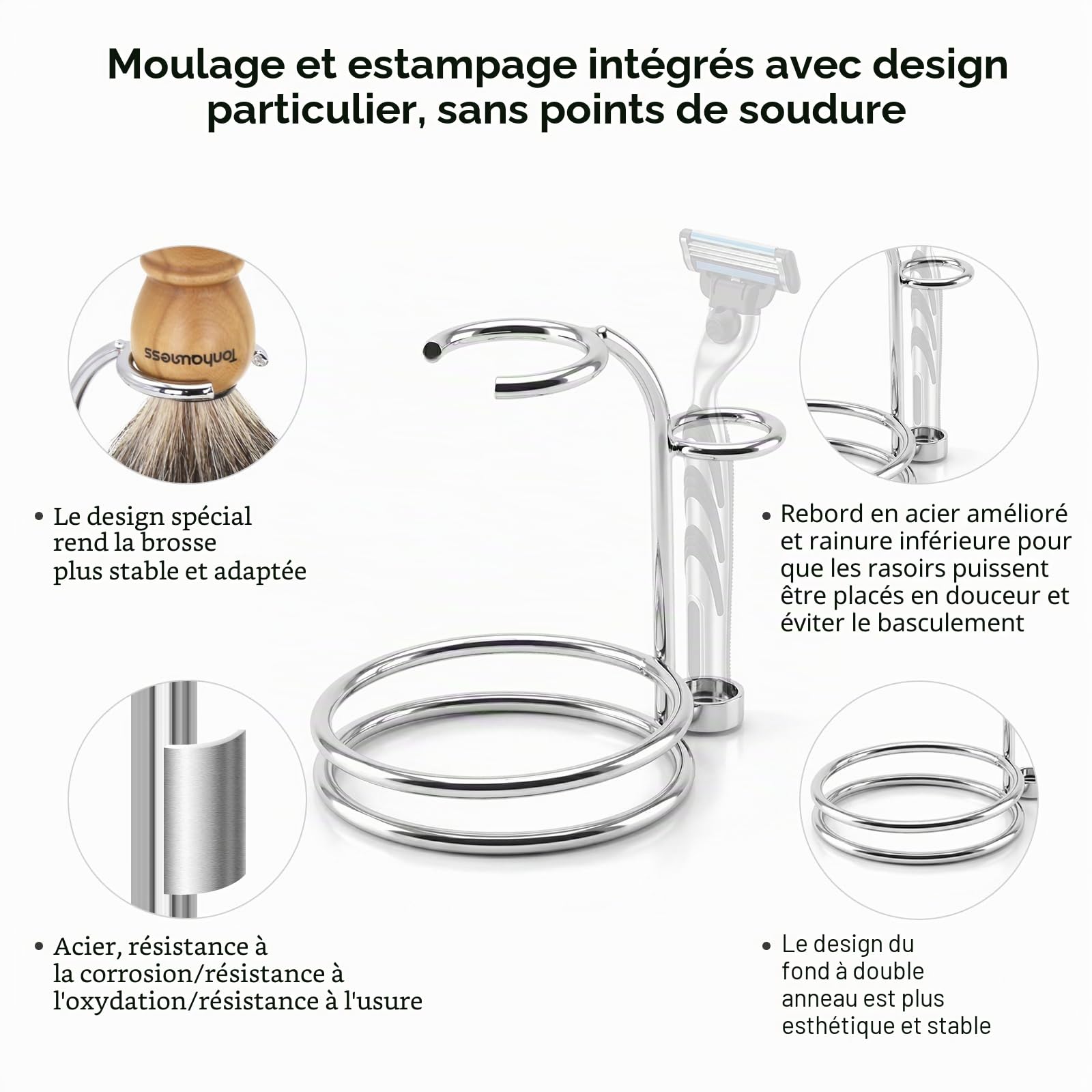 Blaireau de rasage en poils de blaireau avec manche en bois, savon de rasage au lait de chèvre, base à double anneau en acier inoxydable et bol de rasage à 3 couches pour homme (bois avec poils de