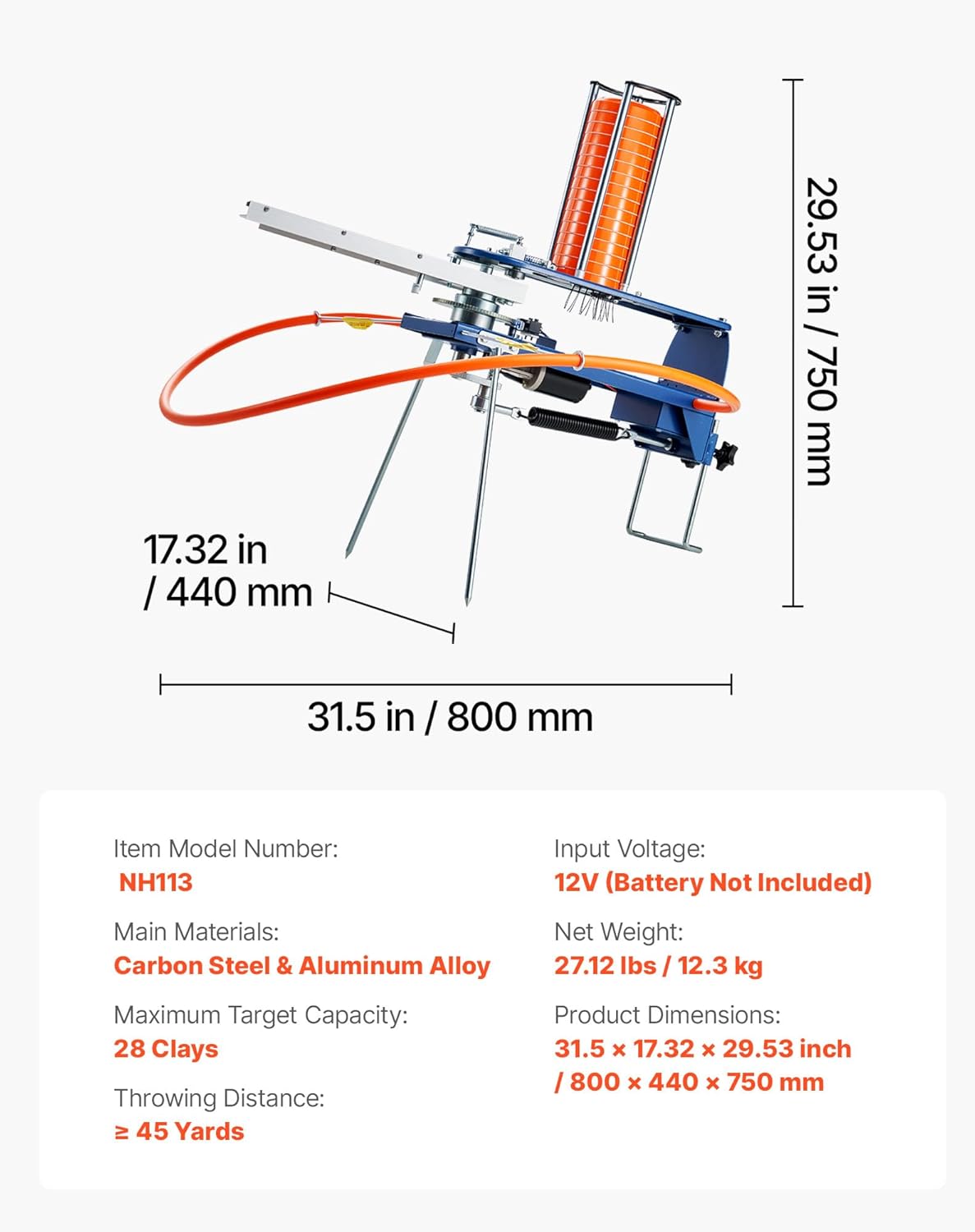 Diagram znázorňující rozměry a klíčové specifikace vrhače terčů VEVOR